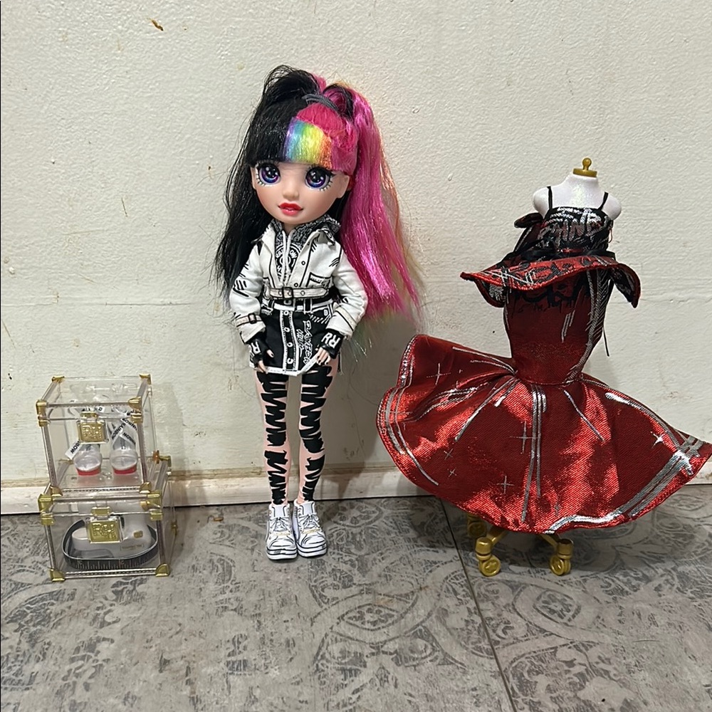 Rainbow Fashion Doll with Pink and Black Outfit